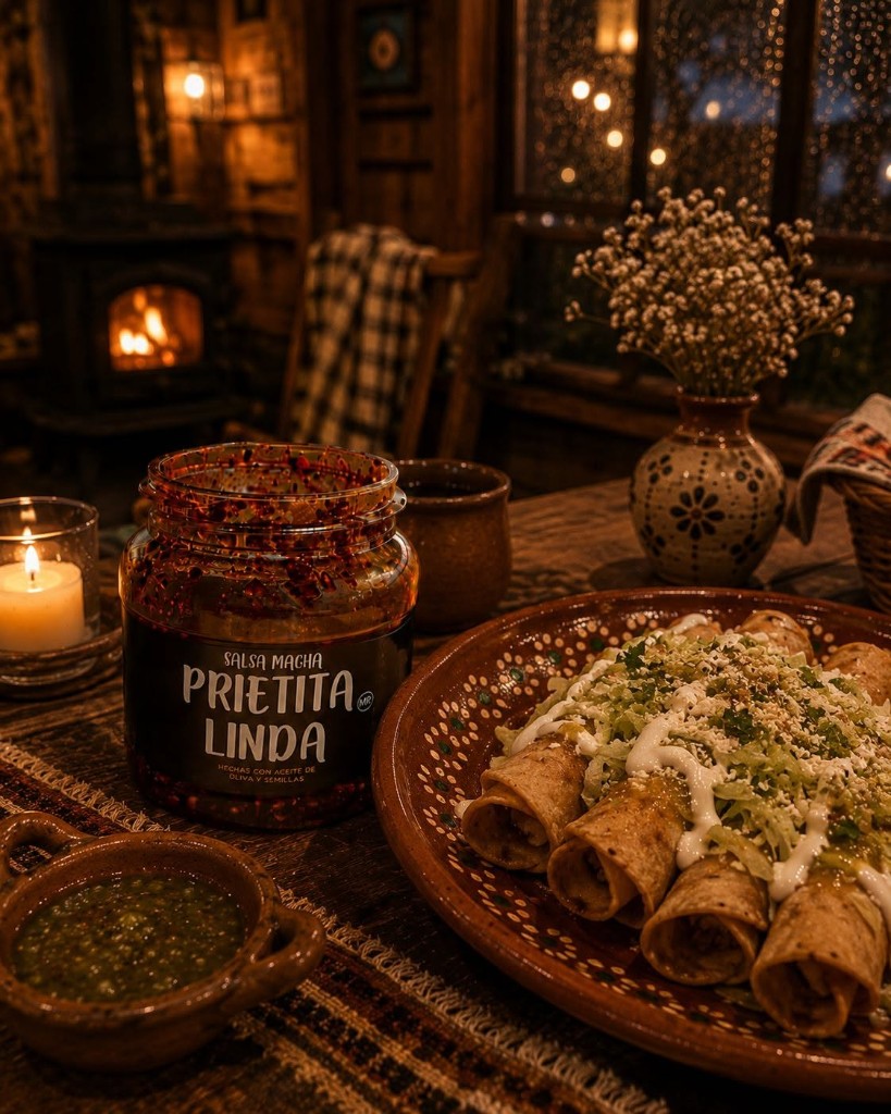 Flautas servidas con salsa macha Prietita Linda