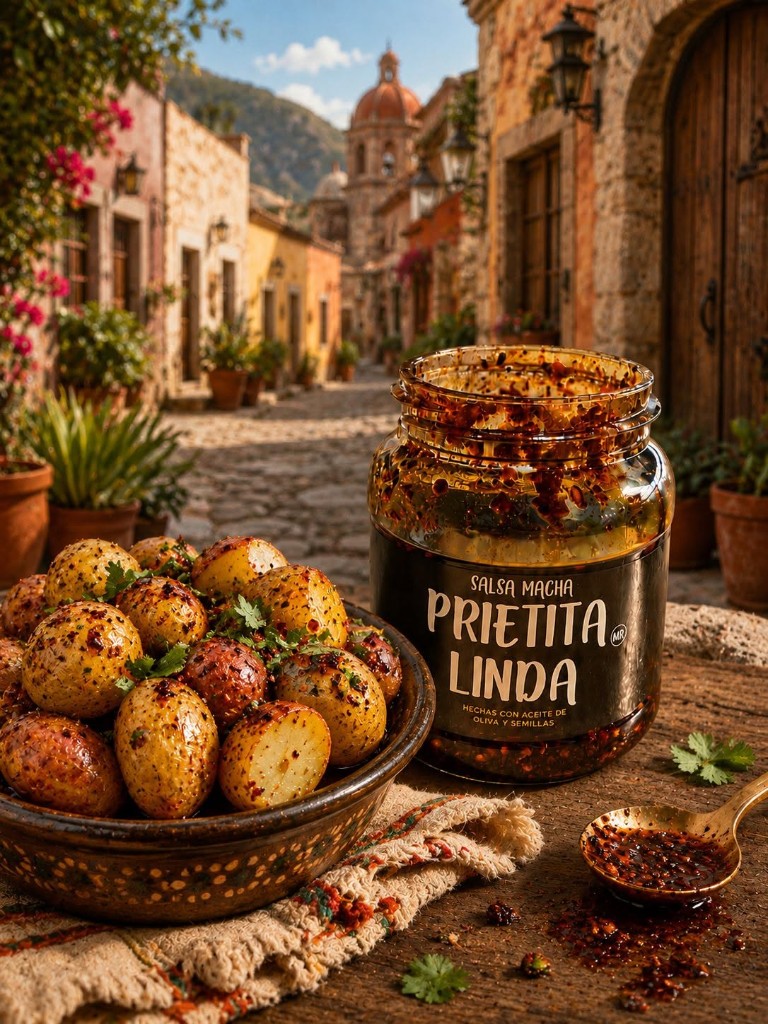 Papas al horno con salsa macha Prietita Linda y cilantro