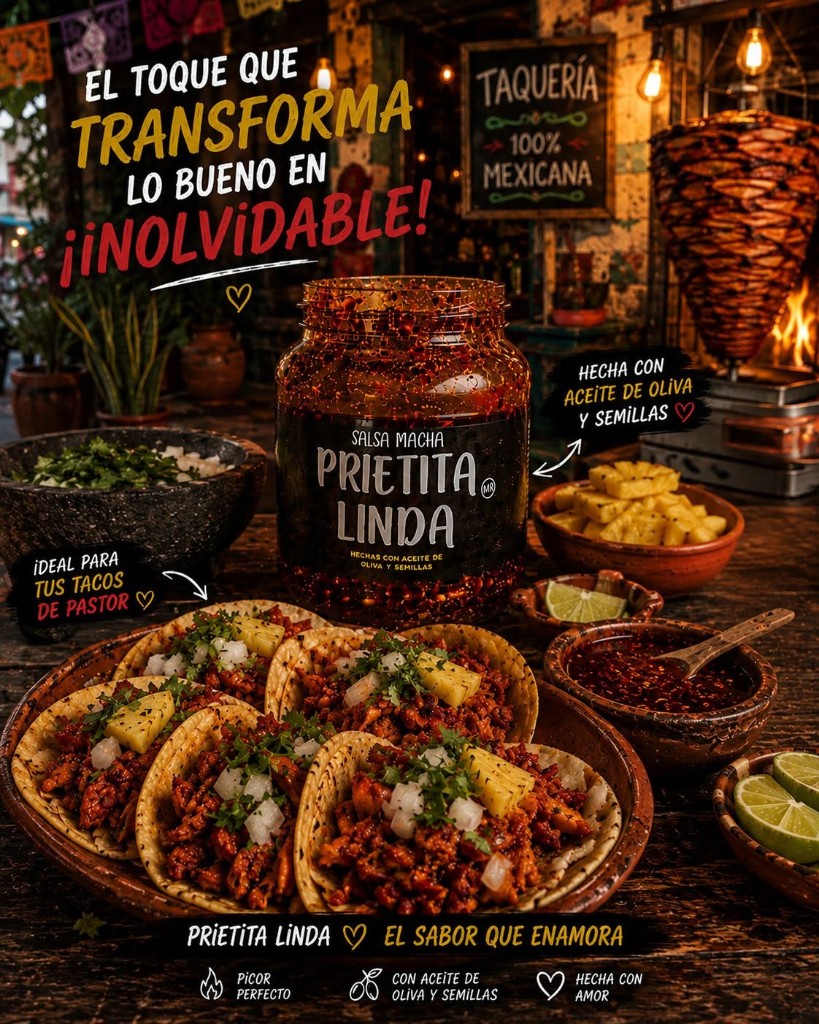 Tacos al pastor con salsa macha Prietita Linda